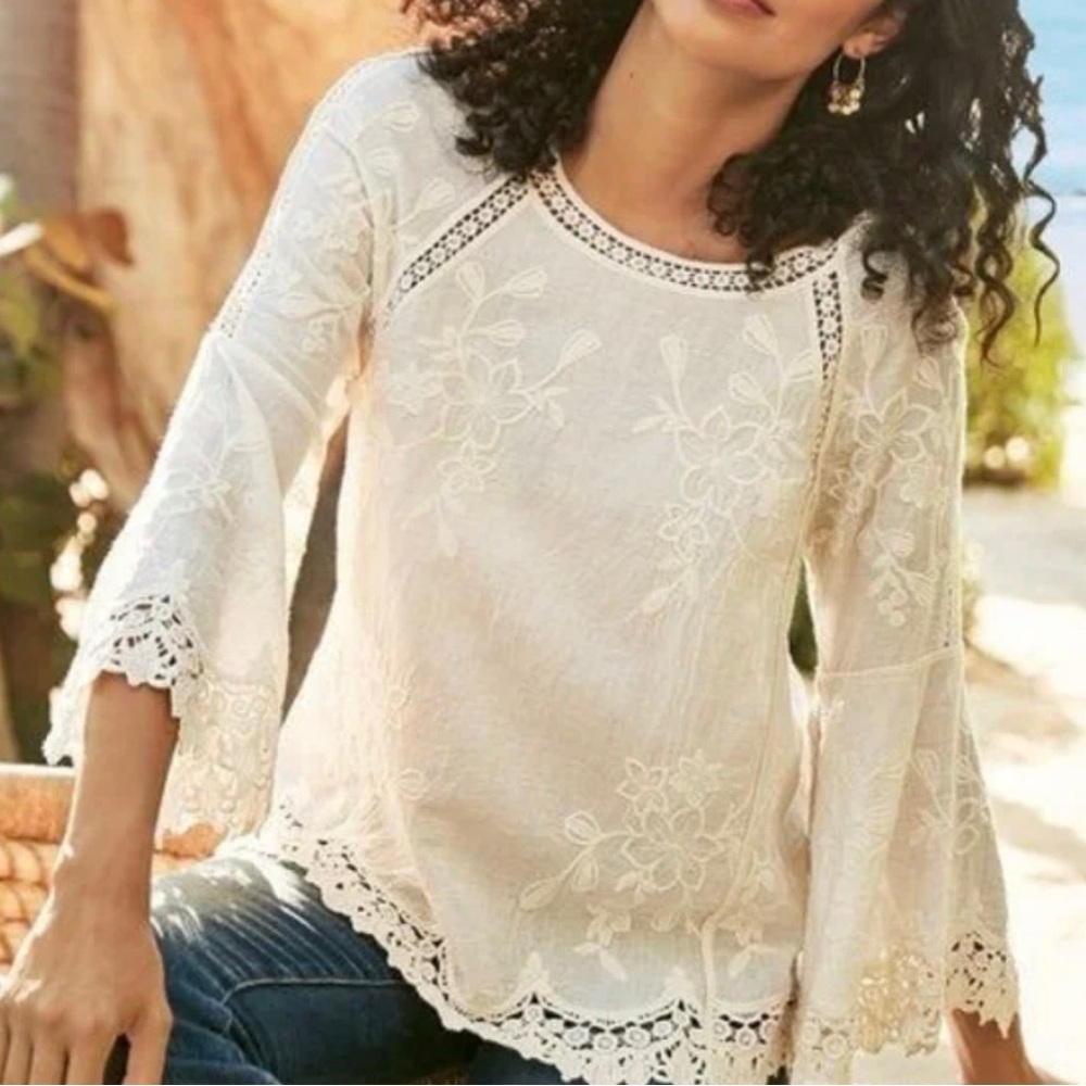 Soft Surroundings Ivory White Tunic Top Sz M Boho Embroidered Cottage Romantic